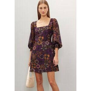 Slate & Willow Floral Square Neck Mini Dress Purple Orange Long Sleeve Size 6